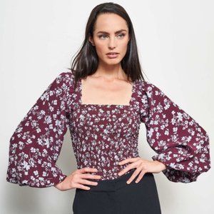 La Ligne 100% Silk Eloise Top in Purple with Light Blue Floral Print, Size XS